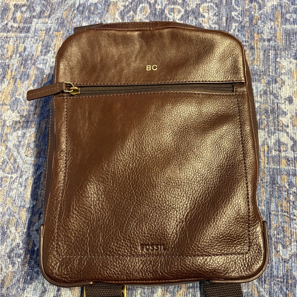 Fossil Brown Leather Messenger Bag with Brass Hardware-front of bag has monogram